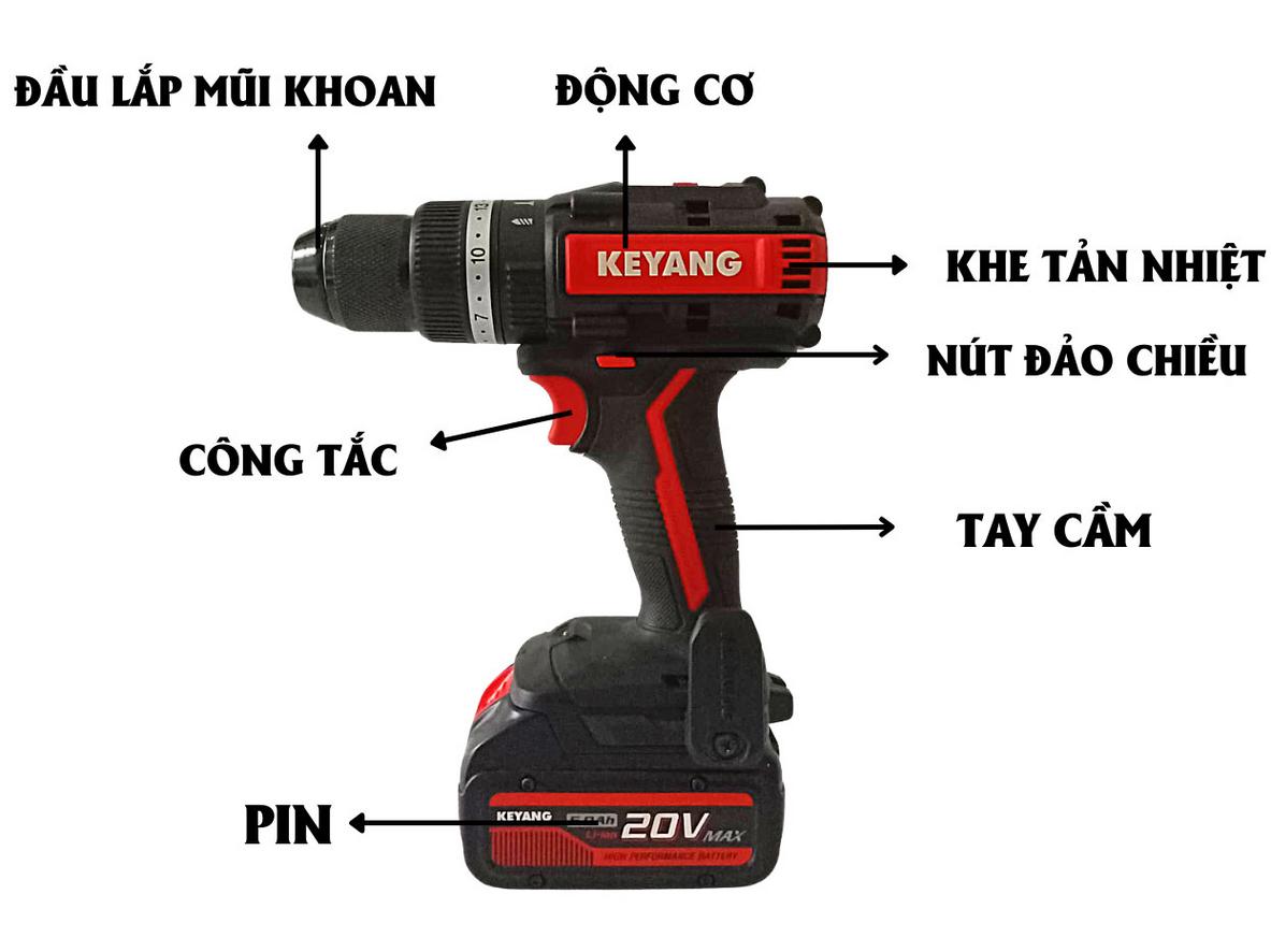 Cấu trúc máy khoan Keyang DM20BLA-70C với 3 chức năng và pin 5.0Ah